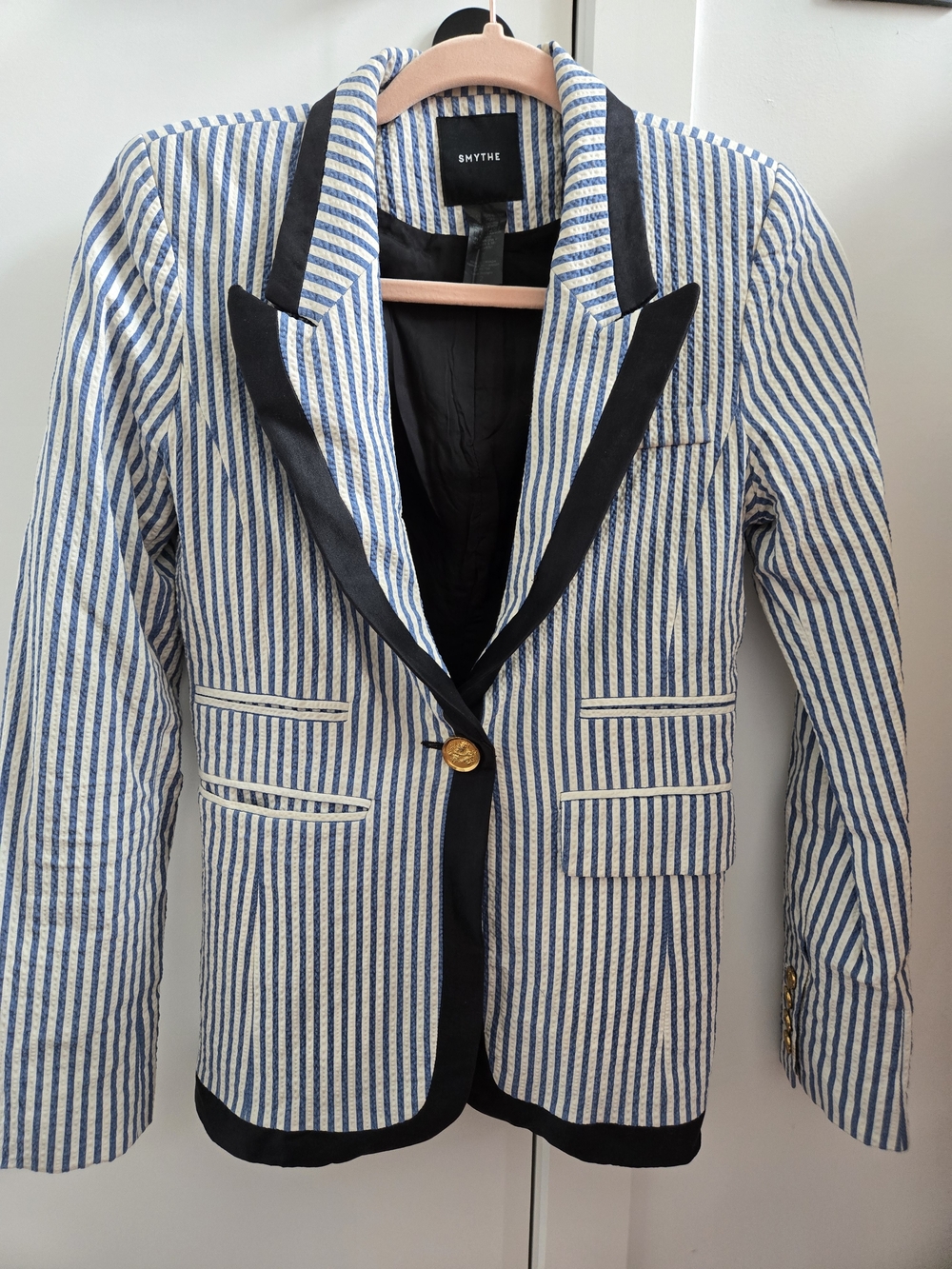 Smythe Navy & White Striped Cotton Blazer with Black Trim